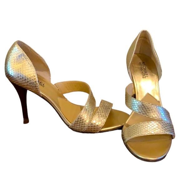 MICHAEL Michael Kors Shoes - Michael Kors Women’s Gold Snake Skin Stiletto Open Toe High Back Heel Size 8